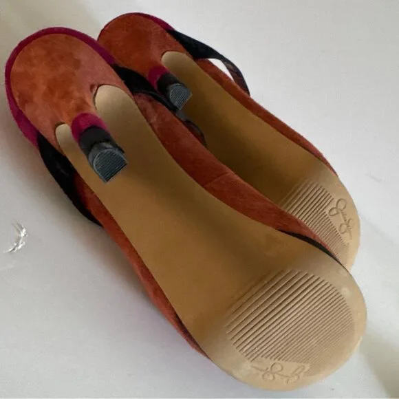 Women’s Suede Peep Toe Heels Size 8.5 M Orange Black Pink Color block Formal - Picture 9 of 14